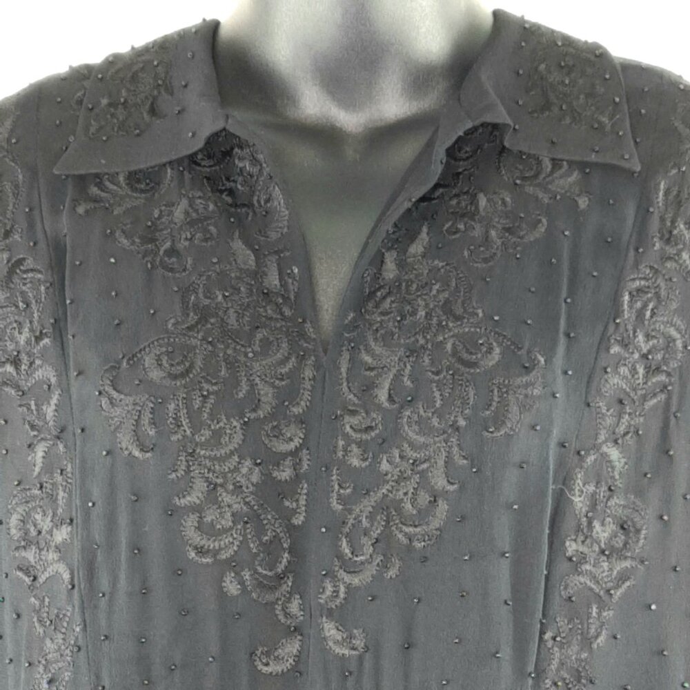 Vintage Ice Black Beaded Elegant Formal Sheer Long Sleeve Tunic Top - Picture 4 of 14